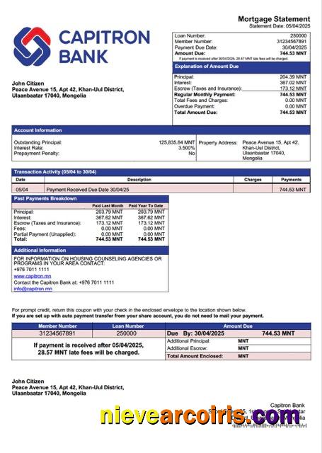 Mongolia Capitron Bank mortgage statement Word and PDF template